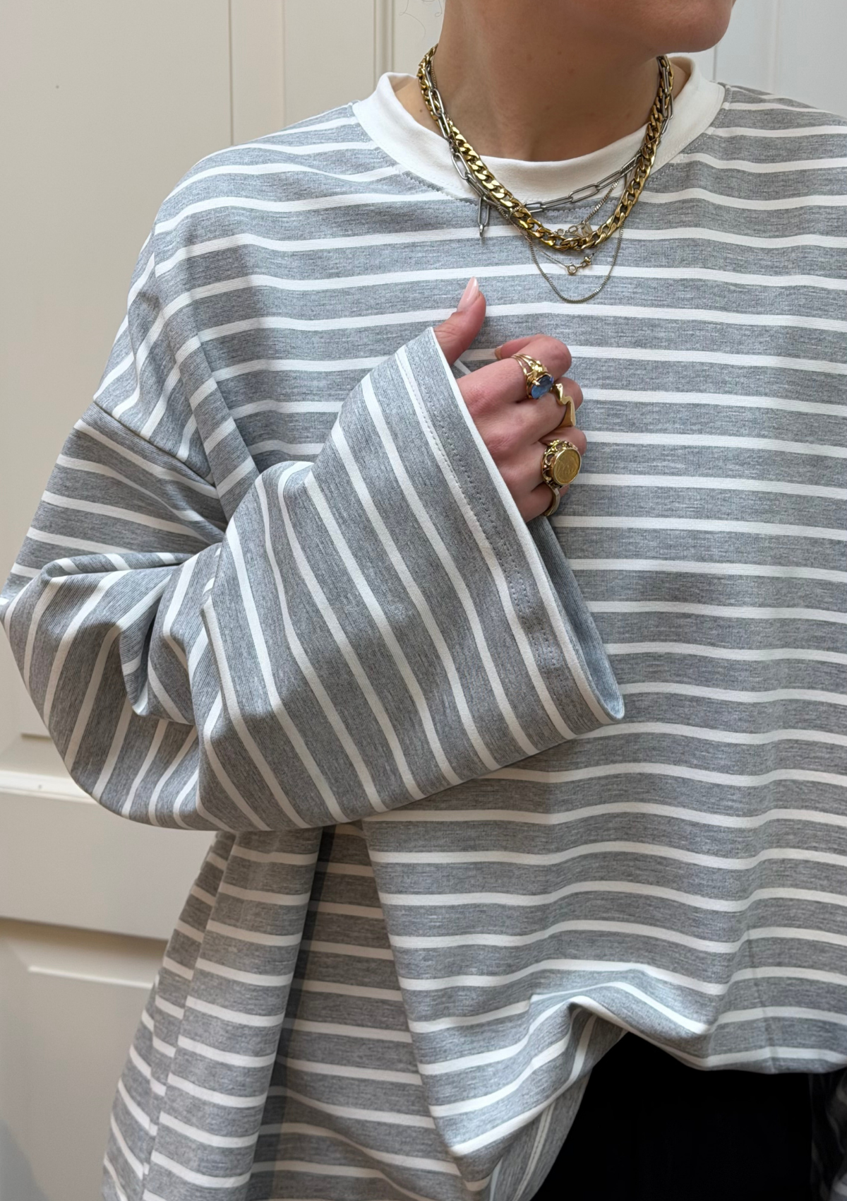 CONTRAST LONGSLEEVE TSHIRT WHITE GREY STRIPE