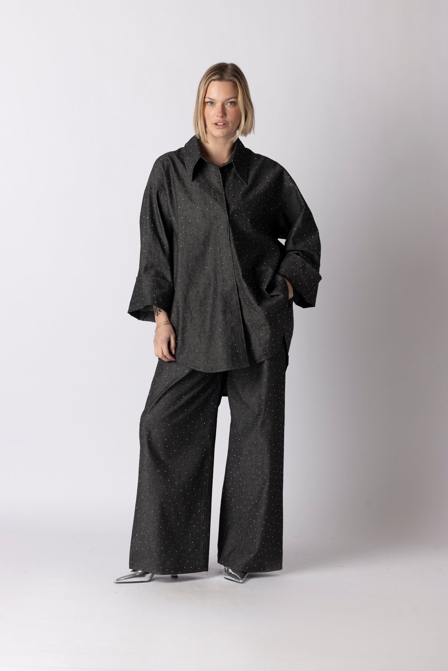 DENIM GLITTER PANTS GREY